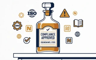 Glazen decanteerfles op industriële werkbank omringd door ISO- en NEN-normdocumenten met een duurzaam etiket.