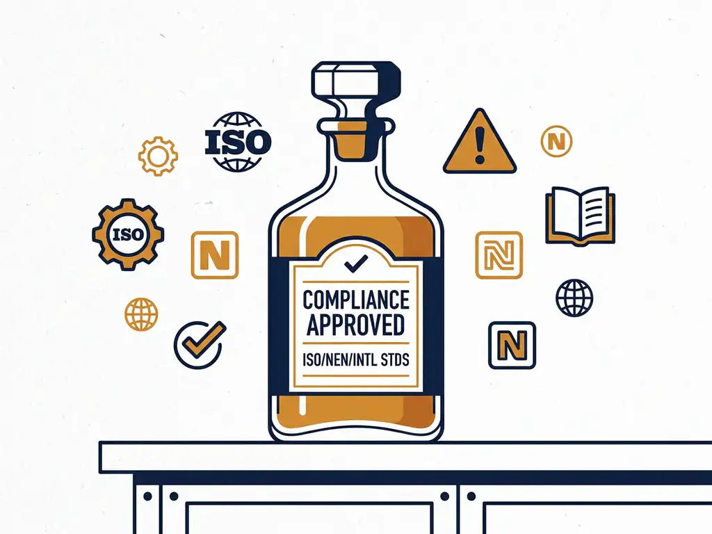 fles-etiket-compliance-normen-industrieel.jpg Glazen decanteerfles op industriële werkbank omringd door ISO- en NEN-normdocumenten met een duurzaam etiket.