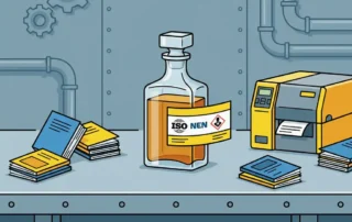 Glazen decanteerkaraf op industriële stalen werkbank met compliance-label met ISO-, NEN- en GHS-symbolen, omringd door naslagboekjes en labelprinter.