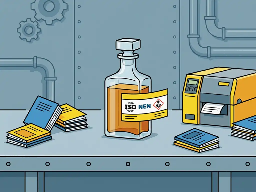 etikettering-gevaarlijke-stoffen-compliance-normen.jpg Glazen decanteerkaraf op industriële stalen werkbank met compliance-label met ISO-, NEN- en GHS-symbolen, omringd door naslagboekjes en labelprinter.