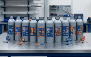 Identieke industriële decanteerflessen op stalen werkblad met uniforme vinyletiketten en metalen ISO-, NEN- en EN-compliancebadges.