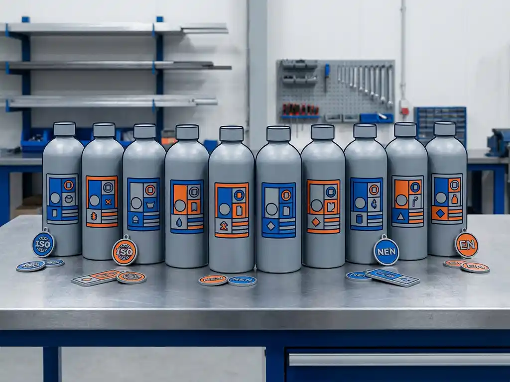 industriele-etiketten-flessen-veiligheidsnormen.jpg Identieke industriële decanteerflessen op stalen werkblad met uniforme vinyletiketten en metalen ISO-, NEN- en EN-compliancebadges.