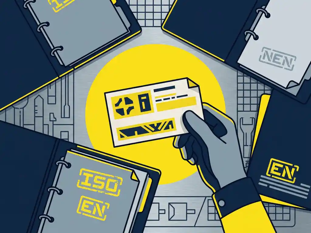 Decanterfles etiket geïnspecteerd tegen fel licht, omringd door compliancemappen met ISO-, NEN- en EN-certificeringsmarkeringen op stalen werktafel.