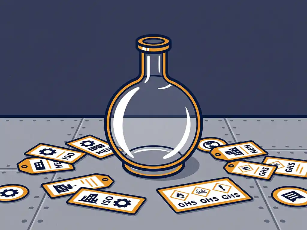 gevaarlijke-stoffen-decanteer-fles-compliance.jpg Glazen decanteerflacon op stalen werkbank, omringd door labelkaartjes met ISO-, NEN- en GHS-compliance symbolen.
