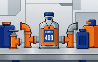 Glazen decanteerflacon met identificatielabel tussen industriële pijpfittingen en chemiebestendige containers op metalen werkbank.