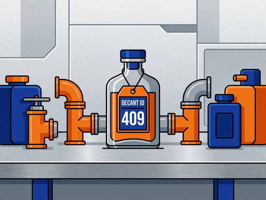 laboratorium-fles-etiket-industrieel-chemisch.jpg Glazen decanteerflacon met identificatielabel tussen industriële pijpfittingen en chemiebestendige containers op metalen werkbank.