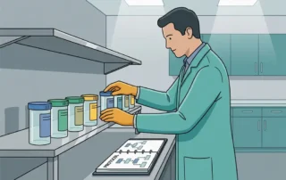 Laboratoriummanager rangschikt kleurgecodeerde chemicaliëncontainers met vinylstickers op roestvrijstalen schap, protocol open op werkbank.