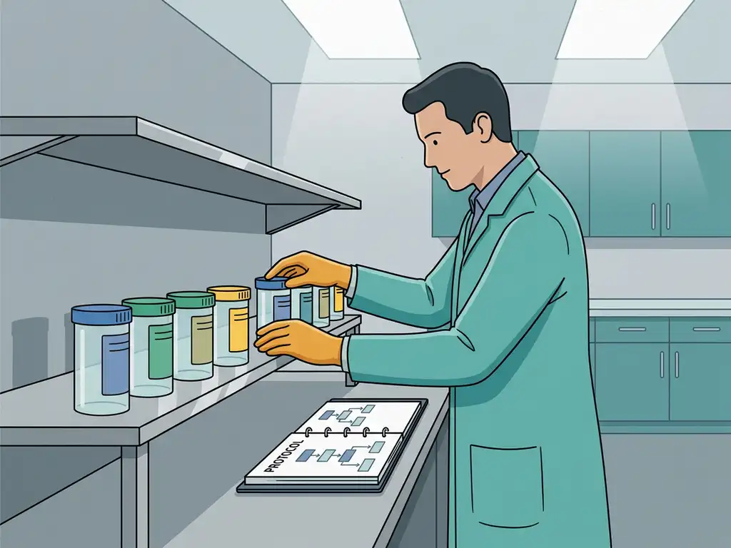 laboratorium-beheer-chemische-opslag-containers.jpg Laboratoriummanager rangschikt kleurgecodeerde chemicaliëncontainers met vinylstickers op roestvrijstalen schap, protocol open op werkbank.