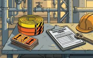 Kleurgecodeerde leidingmarkeringsbanden en gevaarsticke­rs op een versleten stalen werkbank in een procesinstallatie, met klembord en inkoopformulieren.