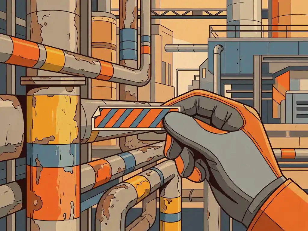 leidingmarkering-industrie-veiligheid-pijpen.jpg Verweerde industriële leidingen met gekleurde markeringsbanden in veiligheidseel, oranje en staalbluw, technicus houdt nieuw labelstrip vast.