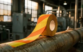 Rol industriële leidingmarkeringstape in veiligheidseel en signaloranje afgerold over verweerde stalen pijp in verwerkingsinstallatie.