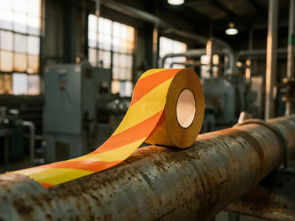leidingmarkering-tape-industrieel-veiligheid.jpg Rol industriële leidingmarkeringstape in veiligheidseel en signaloranje afgerold over verweerde stalen pijp in verwerkingsinstallatie.
