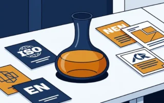 Glazen decanteerkolf op industriële werkbank, omringd door gedrukte ISO-, NEN- en EN-normkaarten in vlakke vectorillustratiestijl.