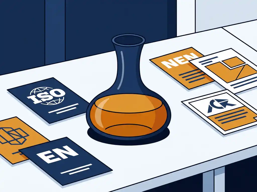 maatkolf-internationale-normen-iso-nen.jpg Glazen decanteerkolf op industriële werkbank, omringd door gedrukte ISO-, NEN- en EN-normkaarten in vlakke vectorillustratiestijl.