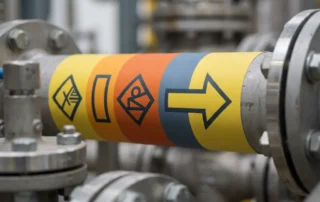 Veiligheidslabel op industriële pijp met kleurgecodeerde banden in signaalgeel, oranje en grijs, omgeven door kleppen en flenzen.