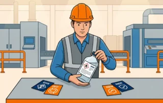 HSE-manager met helm inspecteert gelabelde chemische decanteerflacon op werkbank, omringd door ISO-, NEN- en GHS-normkaarten.
