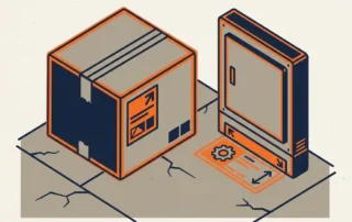 Kartonnen verzenddoos met transportlabel naast industrieel machinepaneel op betonnen magazijnvloer, vectorillustratie in marineblauw en oranje.