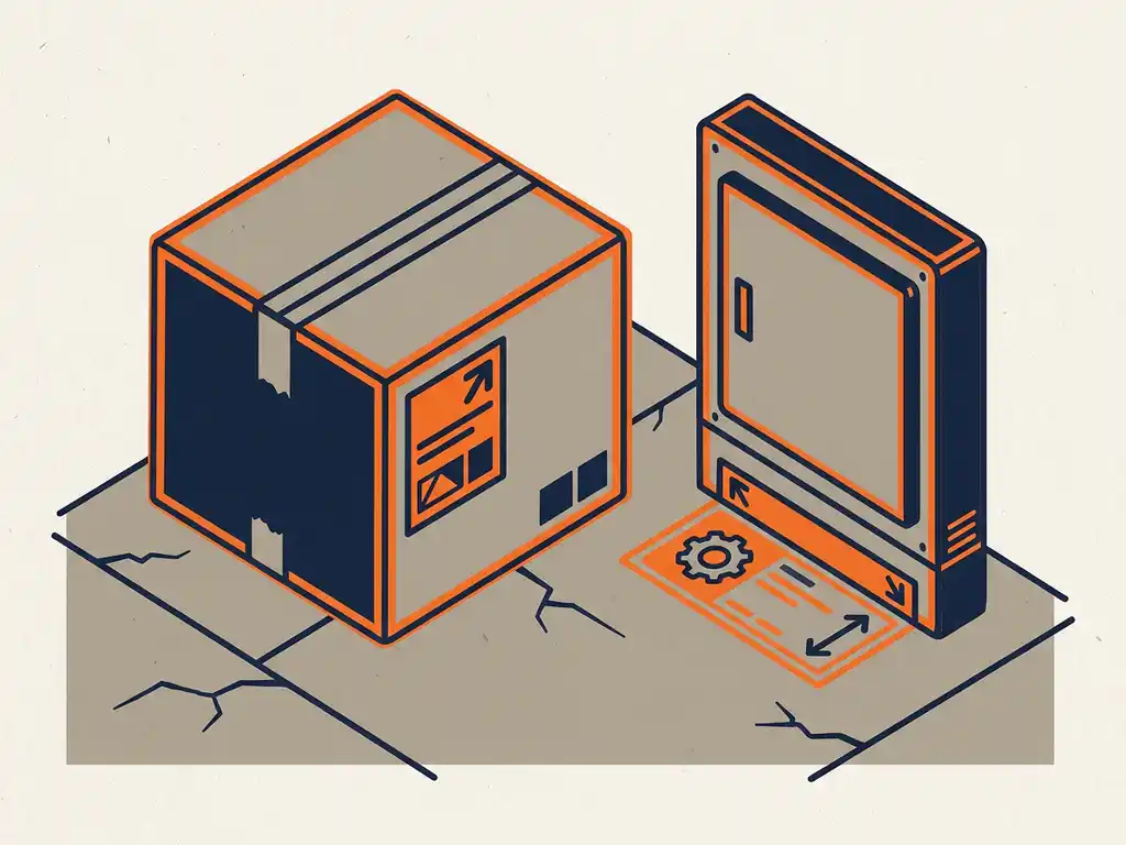 verzendingslabel-industrieel-magazijn-kartonnen-doos.jpg Kartonnen verzenddoos met transportlabel naast industrieel machinepaneel op betonnen magazijnvloer, vectorillustratie in marineblauw en oranje.