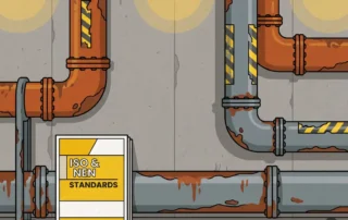 Verweerde industriële leidingen met roestige markeringen naast een nieuw ISO/NEN-normboekje in een Nederlandse industriële omgeving.