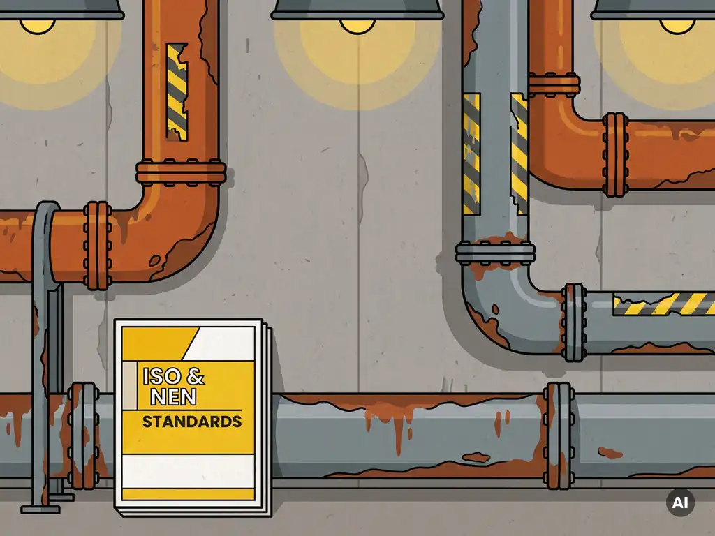 leidingsysteem-iso-nen-normen-industrie.jpg Verweerde industriële leidingen met roestige markeringen naast een nieuw ISO/NEN-normboekje in een Nederlandse industriële omgeving.