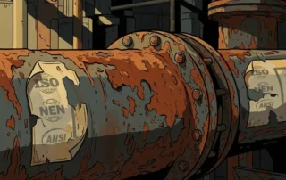 Verroest industrieel leidingwerk met vervaagde ISO-, NEN- en ANSI-normsymbolen in een schemerlichte fabriek.