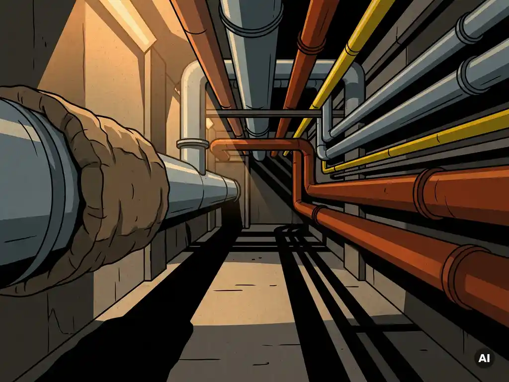 industriele-leidingen-fabriek-staal-corridor.jpg Industriële leidingbundel in variërende diameters door een donkere fabrieksgang, met roeststaal tinten en veiligheidsgeel accent.