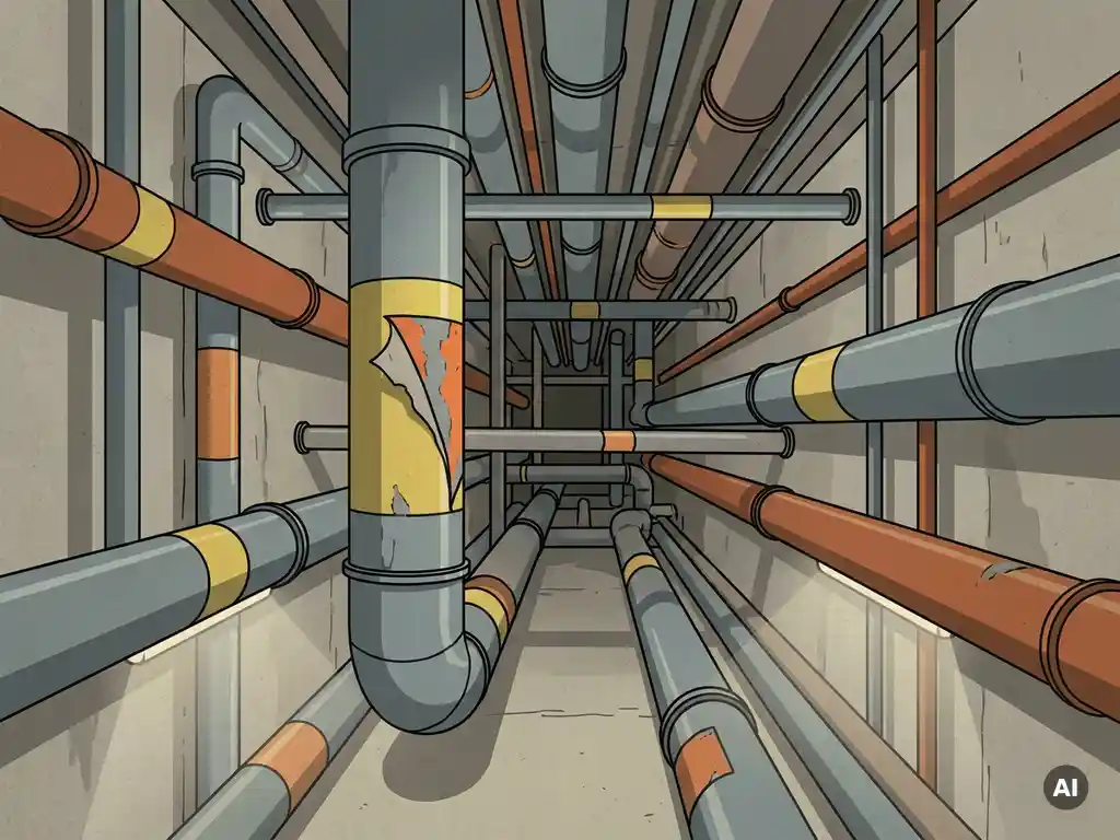 industriele-leidingen-corridor-staal.jpg Industriële leidingen in een technische gang, één pijp met ontbrekend kleurlabel, roestoranje en staalgrijs met gele accenten.
