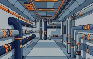 Kleurgecodeerde industriële leidingen met identificatiemarkeringen in technische corridor van modern gebouw.