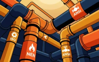 Industrieel leidingnetwerk met kleurgecodeerde banden voor ISO-, NEN- en ANSI-normen, gezien vanuit een dramatisch laag perspectief.