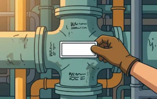 Gehandschoende hand die een nieuw identificatielabel aanbrengt op een verweerde industriële pijpverbinding, omgeven door kleurgecodeerde leidingen.