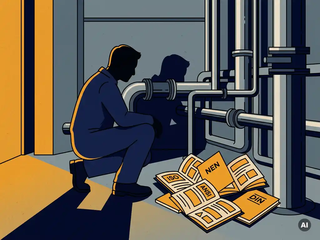 Facilitair manager bij wirwar van ongelabelde industriële leidingen in machinekamer, met opengeslagen ISO-, NEN- en DIN-normenboekjes op betonnen vloer.