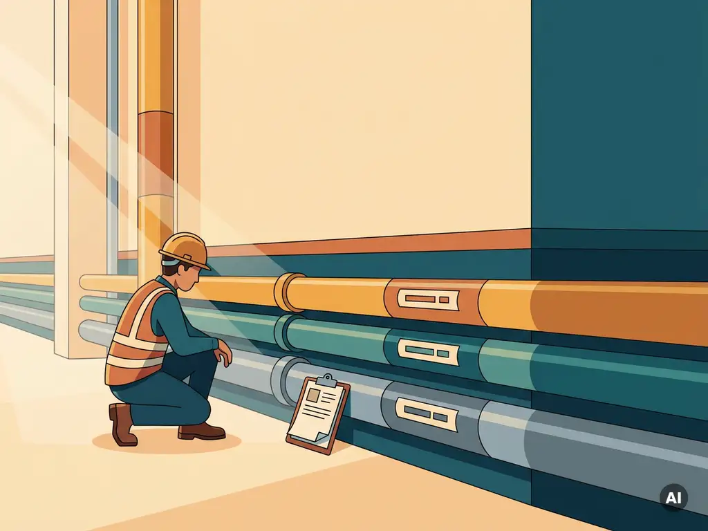 leidingbeheer-industrieel-facilitymanager-kleurcodering.jpg Faciliteitsbeheerder inspecteert kleurgecodeerde leidingmarkeringen in industriële gang met georganiseerde pijpsystemen.
