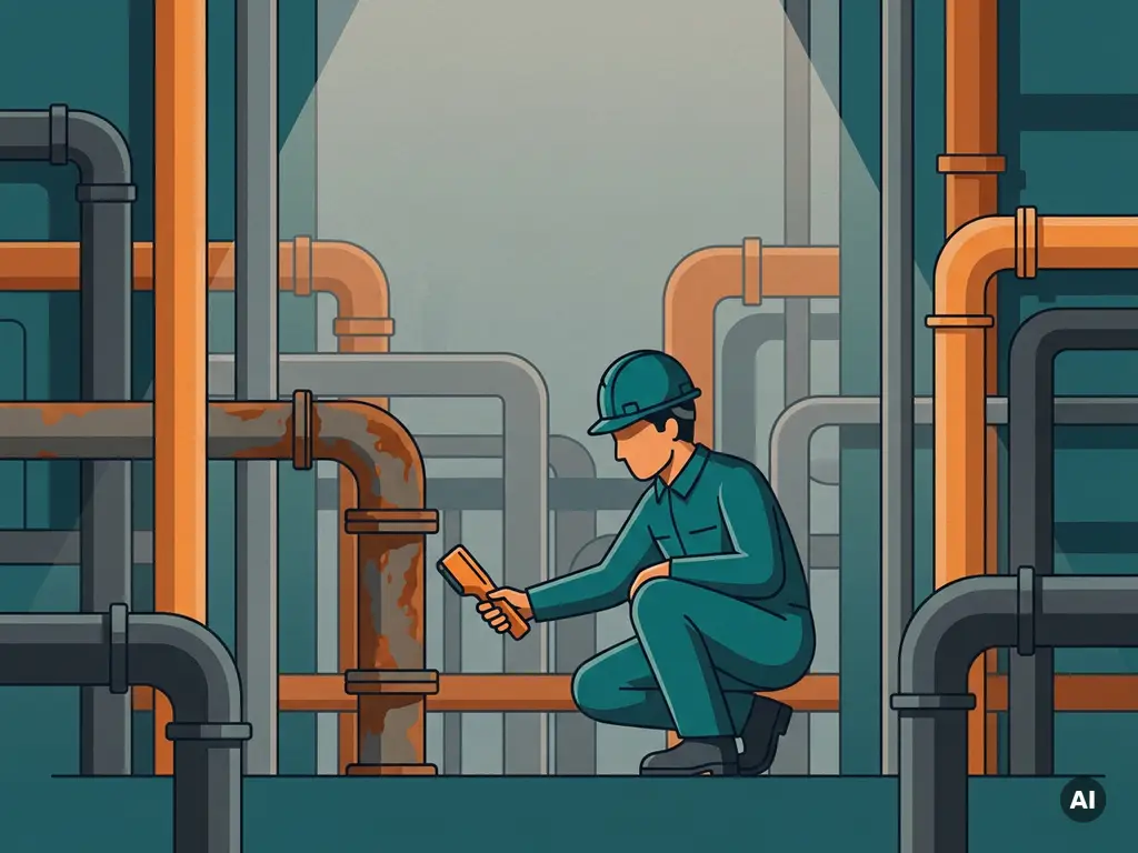 pijpleiding-inspectie-technicus-detectie-corrosie.jpg Technicus hurkt bij roestige industriële leidingen en gebruikt een handheld detectieprobe op ongemarkeerde buizen.