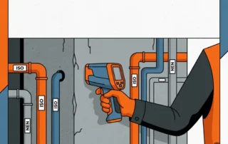 Technicus met handschoenen detecteert leidingen in industriële wand met handheld apparaat, kleurgecodeerde buizen zichtbaar met ISO en NEN labels.