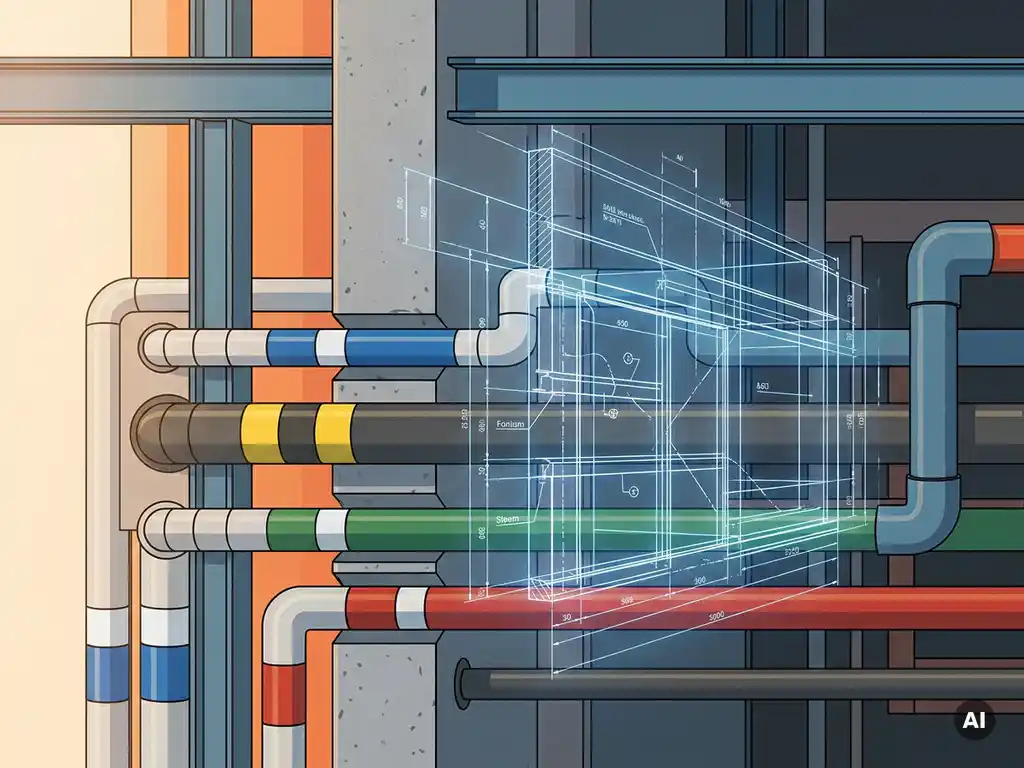 leidingidentificatie-bim-industriele-installatie.jpg Industriële leidingdoorvoer in een muur met ISO/NEN kleurcoderingsringen en een BIM-wireframe overlay in staalblauwe en oranje tinten.