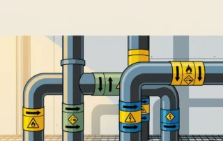 Industriële leidingmarkeringen in geel, groen en blauw met pijlsymbolen en gevarenpictogrammen volgens ISO en NEN-normen.