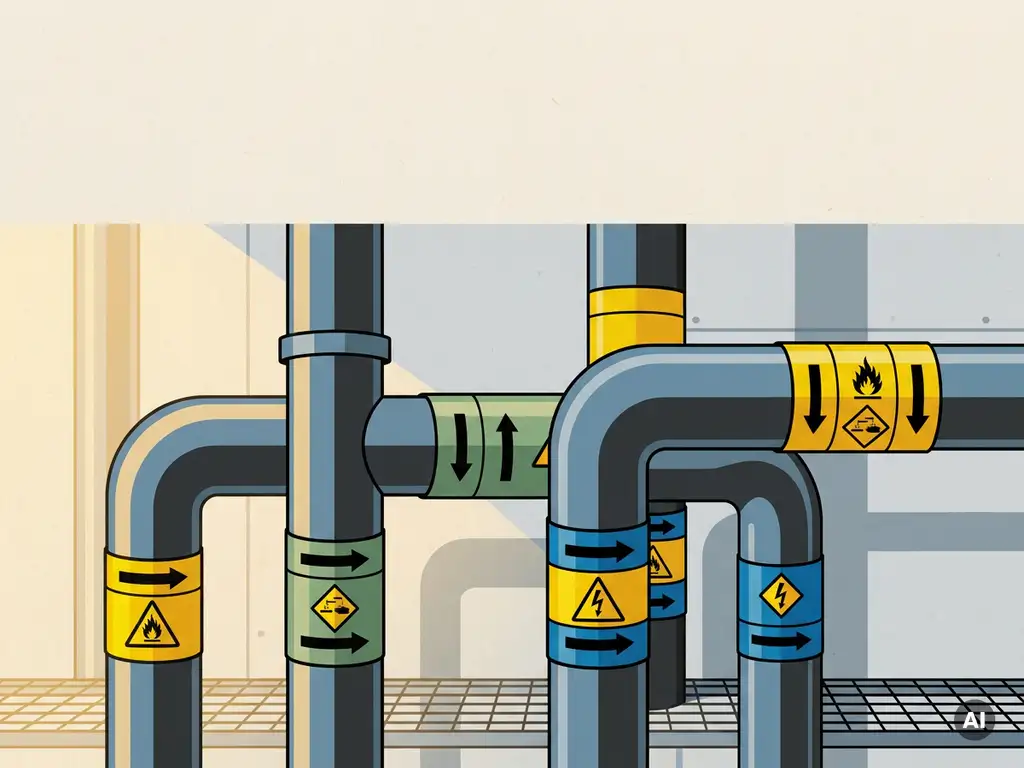 leidingmarkering-industrieel-veiligheid-pijpsysteem.jpg Industriële leidingmarkeringen in geel, groen en blauw met pijlsymbolen en gevarenpictogrammen volgens ISO en NEN-normen.