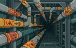 Verweerd industrieel leidingnetwerk met kleurgecodeerde identificatiebanden volgens ISO, NEN, ANSI en DIN-normen in een fabrieksgang.
