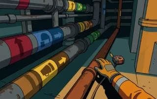 Technicus tracert ongemarkeerde industriële leiding in een verlichte utiliteitsgang met kleurgecodeerde buismarkeringen volgens NEN-, ISO- en EN-normen.