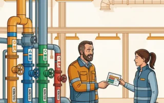 Ervaren technicus overhandigt laminaat leidingmarkering aan collega bij kleurgecodeerd industrieel leidingsysteem met ISO/NEN-normindicatoren.