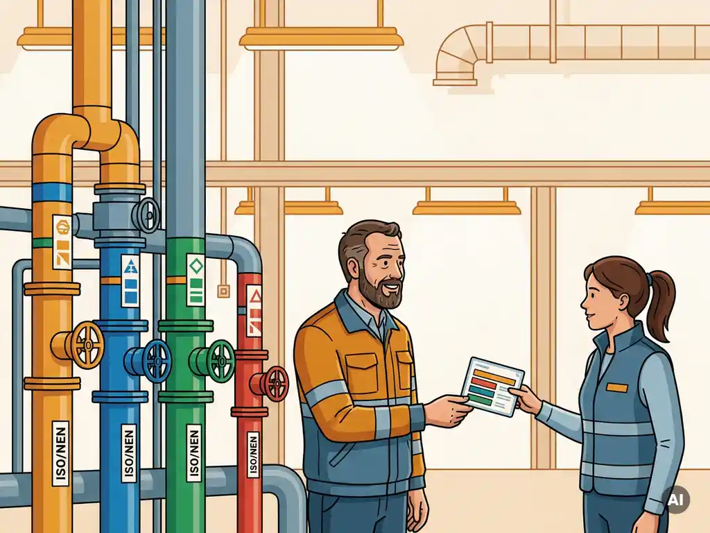 leidingmarkering-technici-industrieel-samenwerking.jpg Ervaren technicus overhandigt laminaat leidingmarkering aan collega bij kleurgecodeerd industrieel leidingsysteem met ISO/NEN-normindicatoren.