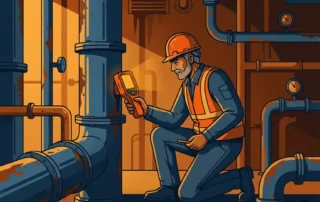 Industriële technicus knielt bij verroeste leidingen in machinekamer en inspecteert buisoppervlak met handheld meetapparaat.