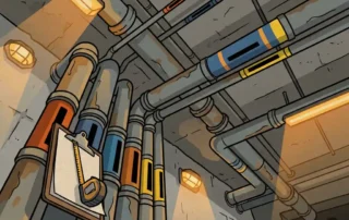 Kleurgecodeerde industriële leidingen in betonnen kelder met klembord en meetlint, gezien vanuit laag perspectief.