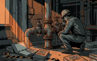 Monteur in helm inspecteert gecorrodeerde industriële leidingverbinding met ongelabelde kleppen naast opengeslagen ISO- en ANSI-normenboeken.