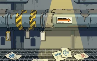 Industrieel leidingenbundel met ontbrekende labels en vervaagde markeringen, omgeven door ISO- en DIN-normdocumenten op stalen roostervloer.