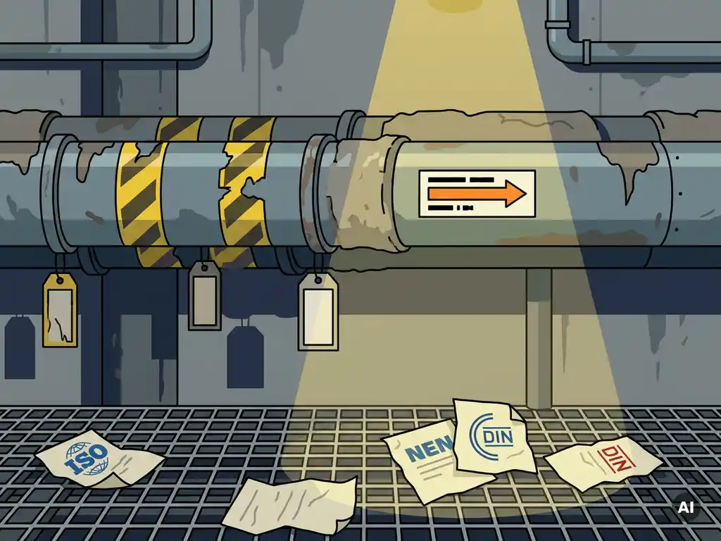 pijpidentificatie-industrieel-compliance-normen.jpg Industrieel leidingenbundel met ontbrekende labels en vervaagde markeringen, omgeven door ISO- en DIN-normdocumenten op stalen roostervloer.