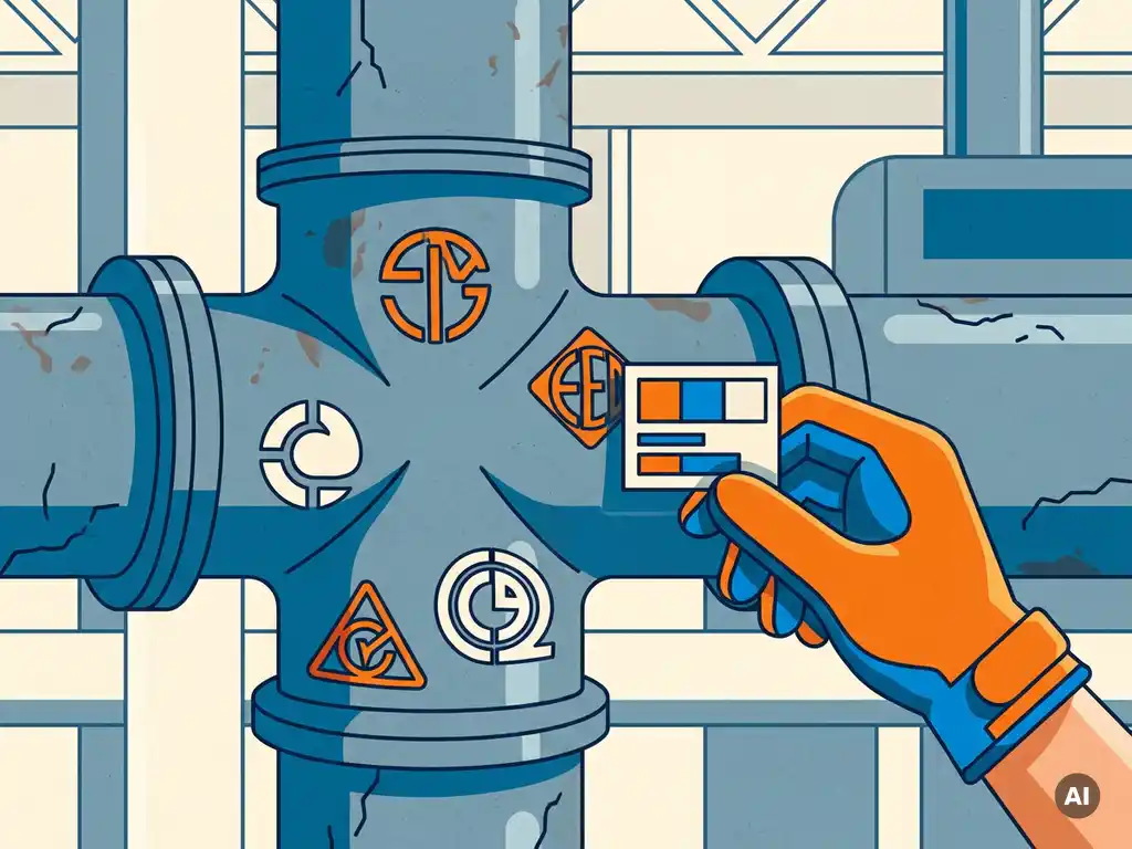 pijp-certificering-inspectie-industrieel-standaard.jpg Gehandschoende hand inspecteert kleurgecodeerd label op verweerde industriële pijpverbinding met ISO-, NEN-, ANSI- en DIN-certificeringsmarkeringen.
