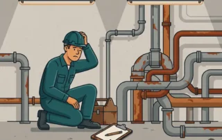 Verwarde onderhoudsmonteur gehurkt bij een wirwar van ongelabelde industriële leidingen in grijs en roesttinten.